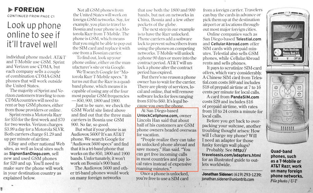 San Diego Union Tribune article on cell phone unlocking