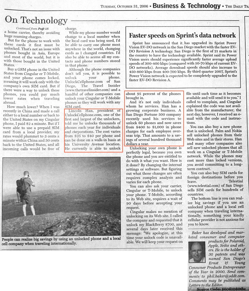 San Diego Daily Transcript article on cell phone unlocking